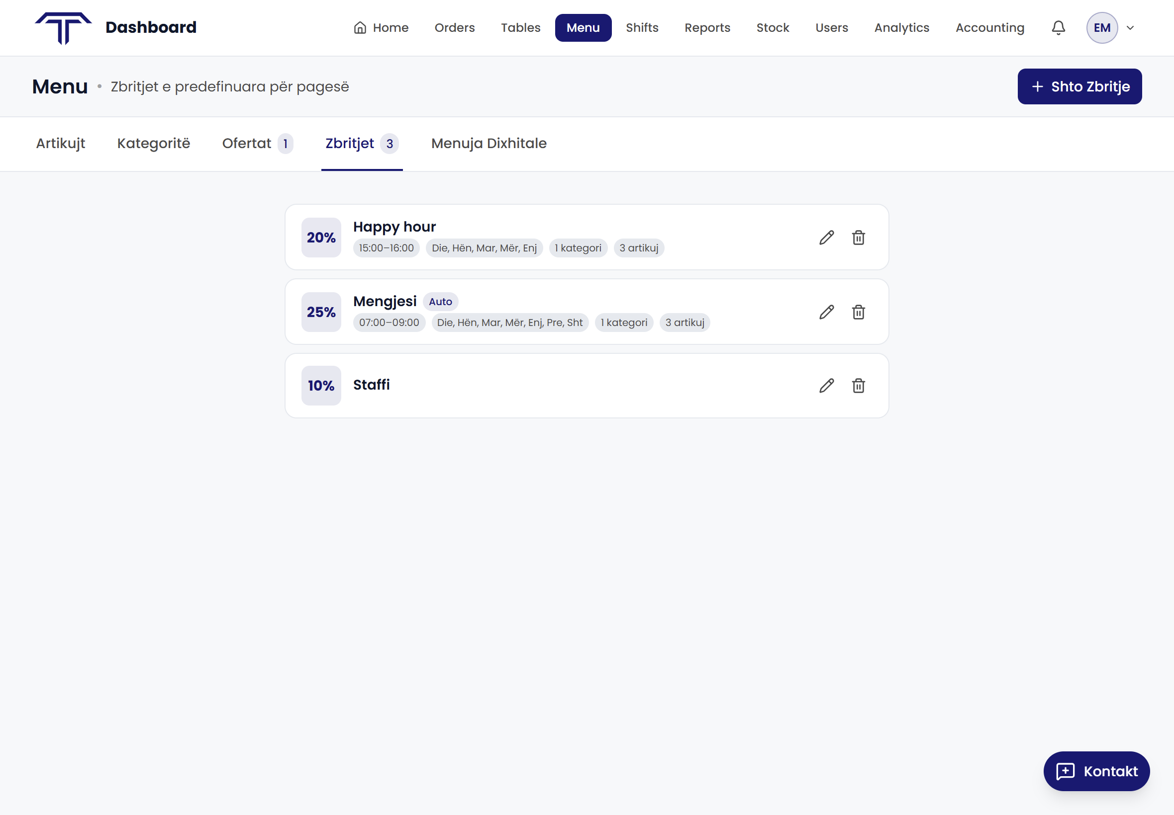 Paneli i zbritjeve — lista e zbritjeve aktive dhe joaktive